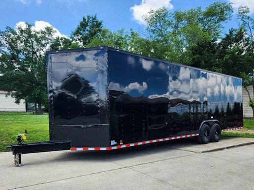 8.5×28 Black V-Nose Enclosed Trailer with Blackout Pkg (2) 7K Axles