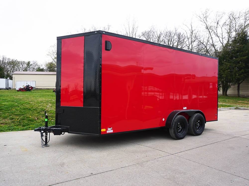 7×16 Enclosed Trailer Red V-Nose Blackout Pkg Tandem Axle Storage